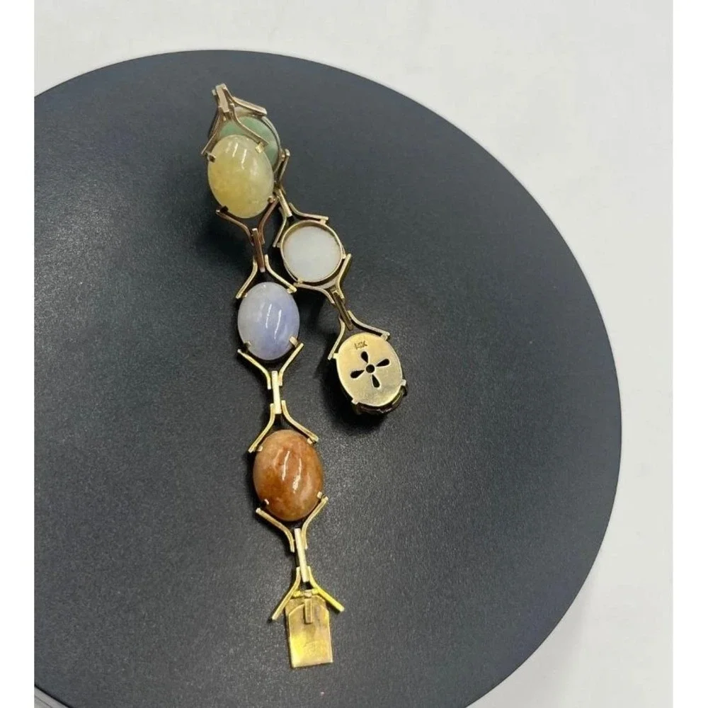 14K Gold Clasp Jade‎ Multi Color Jadeite Stone Cabochon Vintage 10-12k Bracelet
